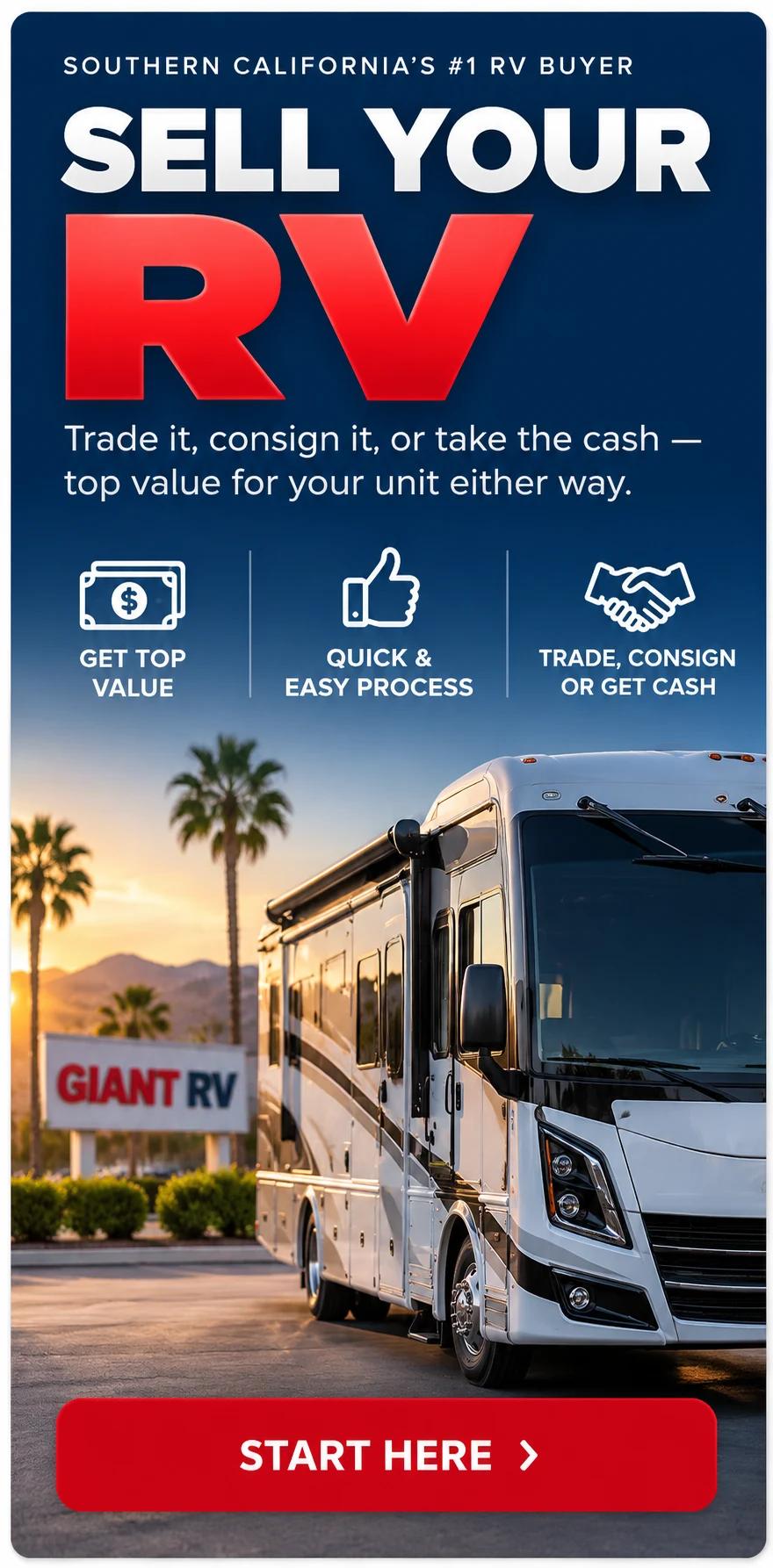 Sell your RV to Southern California's #1 RV buyer — trade it, consign it, or take the cash for top value. Start here.