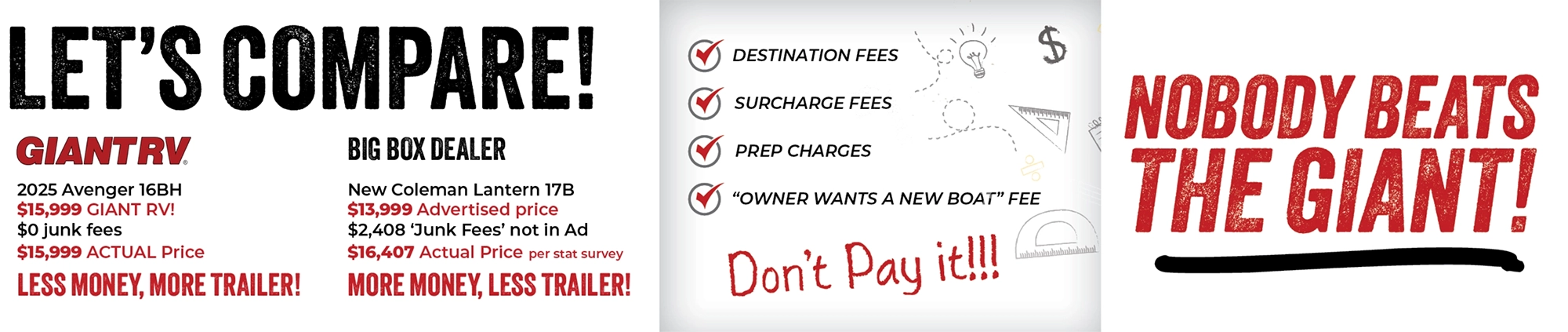 Let's compare — destination fees, surcharge fees, prep charges: don't pay it! Nobody beats the Giant!